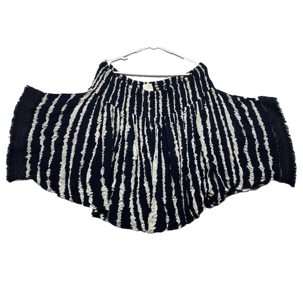 Mud Pie Kristin Off-The-Shoulder Crop Top Womens M/L Black White Striped Fringe
